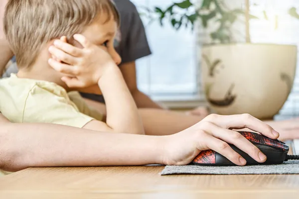 Sarı Tişörtlü Konsantre Küçük Çocuk Bilgisayara Bakıyor Kardeş Dizlerinin Üzerinde — Stok fotoğraf
