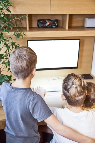 男の子の兄弟は茶色の木製の机に座って 隔離された裏面ビューでオンラインで勉強する大きなコンピュータの白い画面を調べる — ストック写真