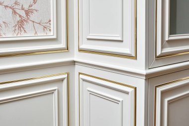 Klasik stil cam kapılı klasik vitrin ve klasik duvar paneli ile aydınlık geniş kulübe kapatma odasında altın pervazlı