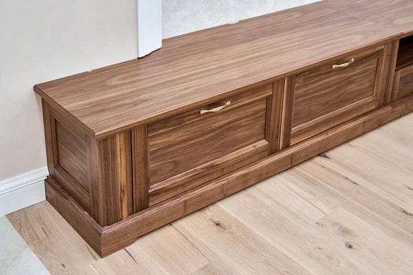 Elegant New Cabinet Made Veneer Solid Walnut Lumber Gold Handles — Stockfoto