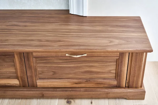 Elegant New Cabinet Made Veneer Solid Walnut Lumber Gold Handles — Stock Fotó