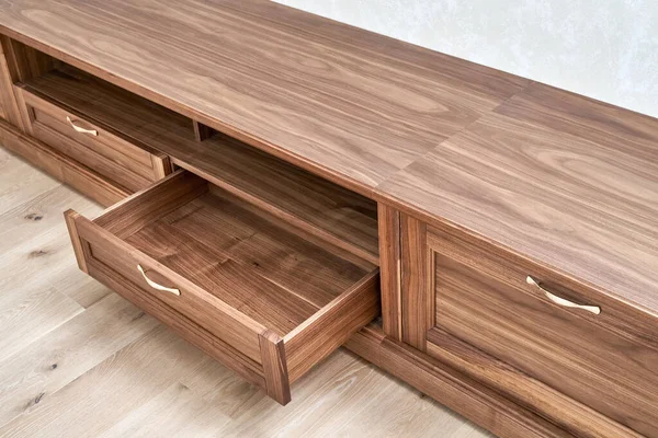 Elegant New Cabinet Made Veneer Solid Walnut Lumber Gold Handles — Stock Photo, Image
