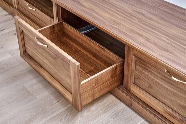 Elegant New Cabinet Made Veneer Solid Walnut Lumber Gold Handles — Foto Stock