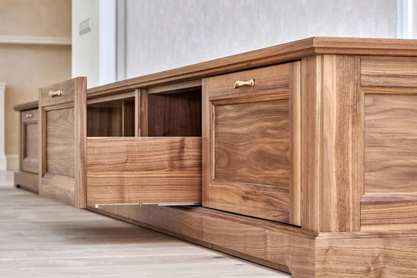 Elegant New Cabinet Made Veneer Solid Walnut Lumber Gold Handles — Stock Photo, Image