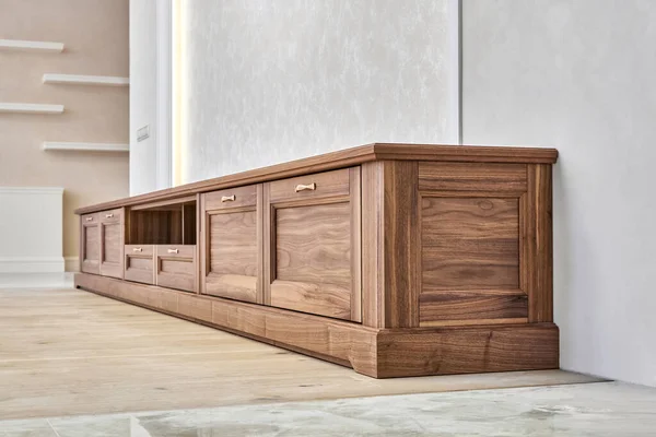 Elegant New Cabinet Made Veneer Solid Walnut Lumber Gold Handles — 스톡 사진