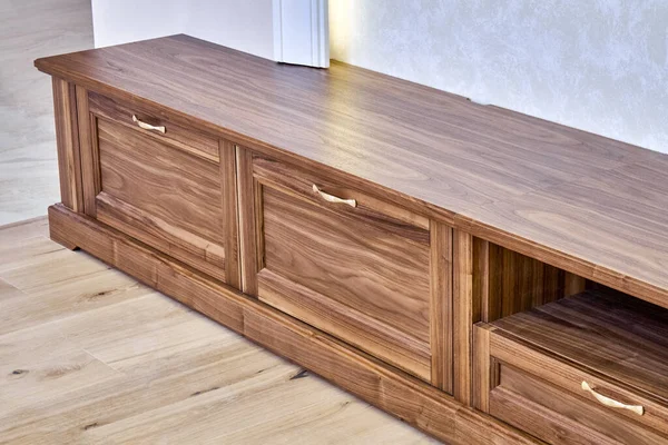 Elegant New Cabinet Made Veneer Solid Walnut Lumber Gold Handles — ストック写真