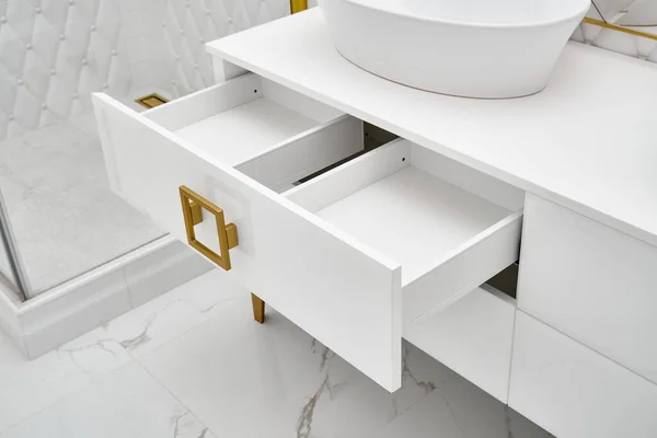 Elegant White Cabinet Open Drawer Shiny Golden Handles Leg Vessel — Stockfoto