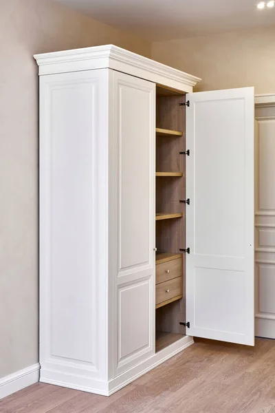 White Vintage Wardrobe Crown Moldings Wooden Shelves Drawers Open Facade — 스톡 사진