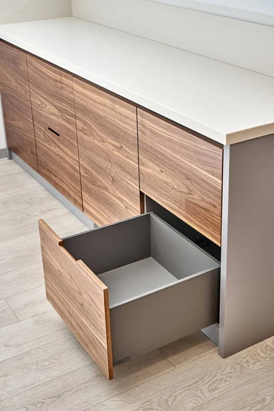 Open Lower Drawer Dark Grey Color Contemporary Kitchen Walnut Wood — Stock Photo, Image