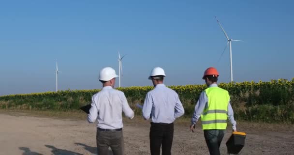 Specialisté na údržbu diskutovat na větrném mlýně — Stock video