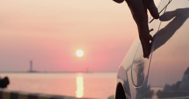 Homem pluga carregador em tomada de carro elétrico contra o pôr do sol — Vídeo de Stock