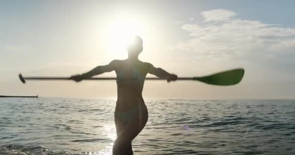 Mujer feliz levanta paleta de pie contra la luz del atardecer trasero — Vídeos de Stock