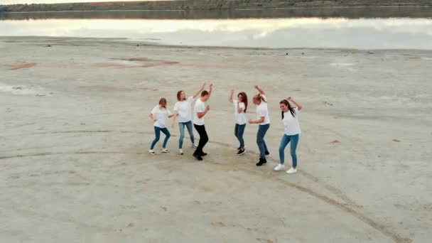 Män och kvinnor gruppdans och ha kul på sjön stranden — Stockvideo
