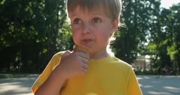Αγόρι με ξανθά μαλλιά γλείφει παγωτό στη σκιά των δέντρων — Αρχείο Βίντεο