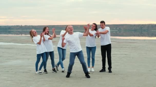 Друзі командний танець і клаптик розважаються на березі річки — стокове відео