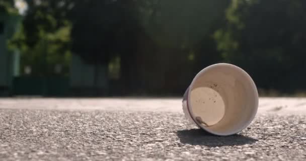 Empty plastic cup swings in light wind lying on ground — Stock Video