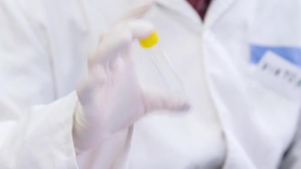 Wissenschaftler in Labormantel und Gummihandschuhen dreht Reagenzglas — Stockvideo