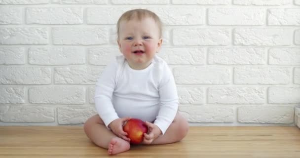 Cute little boy siedzi na drewnianej podłodze gospodarstwa świeże jabłko — Wideo stockowe