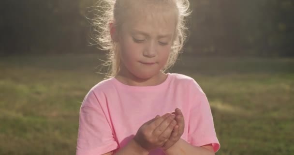 Pembe Tişörtlü Tatlı Kız Böceği Dikkatlice Elinde Tutuyor Lkokul Çağındaki — Stok video