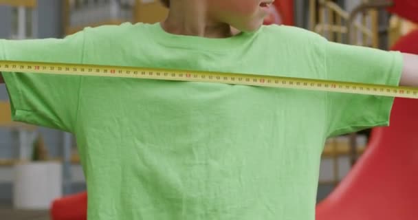 Happy Child Boy Measures Himself Smiling Excited Preschooler Holds Tightly — Stock video