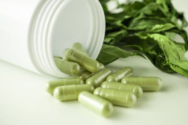 Andrographis 'in beyaz arka planda paniklediği bitkisel ilaç kapsülleri