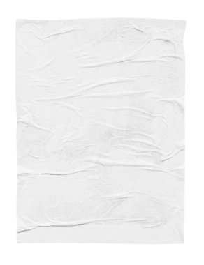 Boş beyaz buruşmuş ve buruşmuş kağıt poster dokusu beyaz arkaplanda izole edilmiş