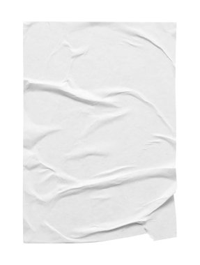 Boş beyaz buruşmuş ve buruşmuş kağıt poster dokusu beyaz arkaplanda izole edilmiş