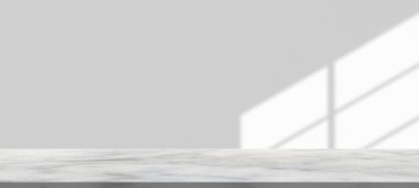 Model ürün görüntüsü için beyaz duvar arka planında pencere gölgesi olan mermer tablo