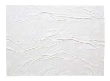 Boş beyaz buruşmuş ve buruşmuş kağıt etiket poster dokusu beyaz arkaplanda izole edilmiş