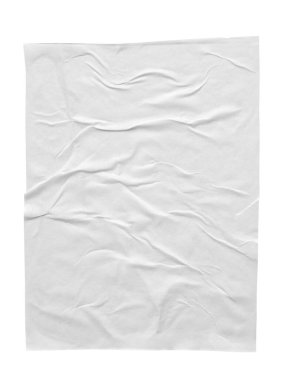 Boş beyaz buruşmuş ve buruşmuş kağıt poster dokusu beyaz arkaplanda izole edilmiş