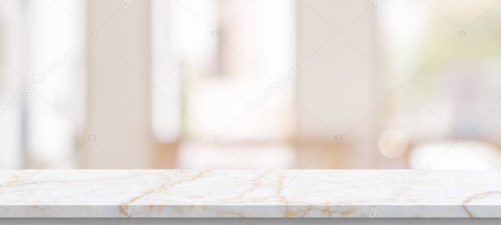 marble table top with blurred kitchen cafe restaurant interior background