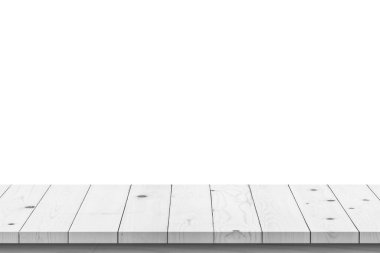 Boş beyaz tahta masa üstü beyaz arkaplanda izole edildi