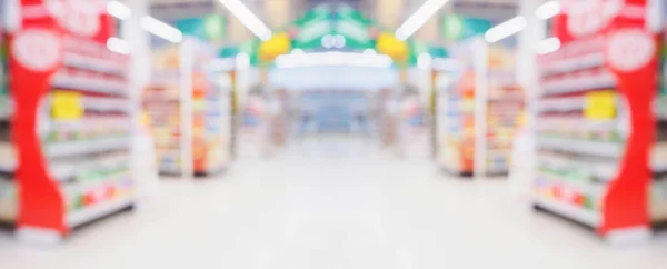 Supermercato Negozio Alimentari Corridoio Scaffali Sfondo Sfocato — Foto Stock