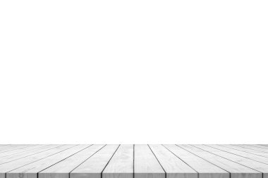 Boş beyaz tahta masa üstü beyaz arkaplanda izole edildi