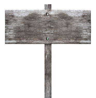 Beyaz arkaplanda izole edilmiş eski tahta tabela