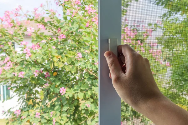 Ev penceresinde el ele tutuşan sivrisinek ağı tel ekran sapı