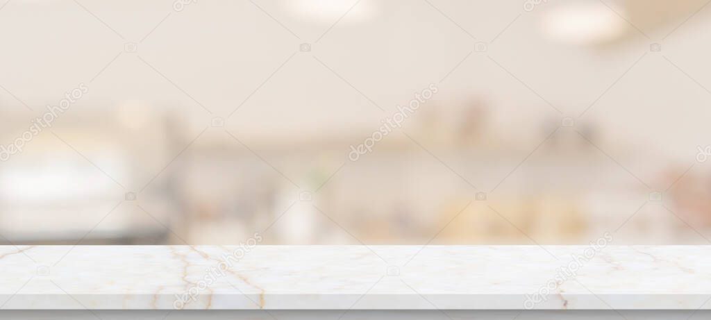 marble table top with blurred kitchen cafe restaurant interior background