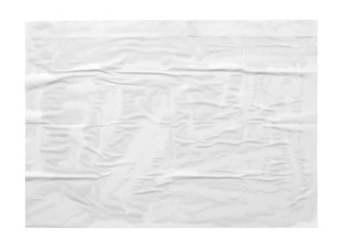 Boş beyaz buruşmuş ve buruşmuş kağıt etiket poster dokusu beyaz arkaplanda izole edilmiş