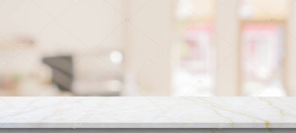 marble table top with blurred kitchen cafe restaurant interior background