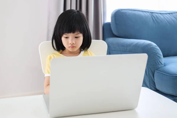 Little Asian Girl Student Study Online Using Laptop Computer Home — Stock Photo, Image