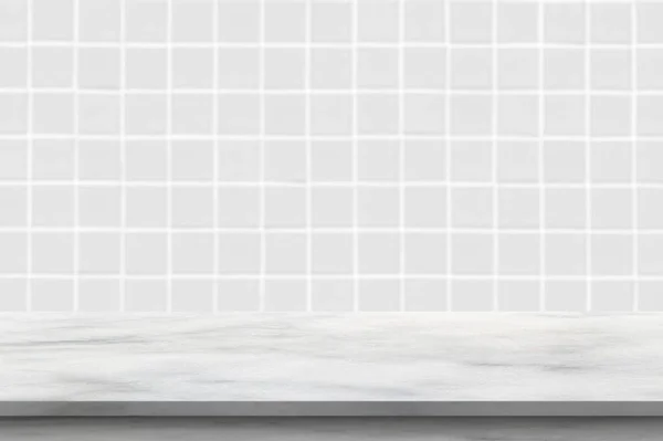 Empty white marble table top with blur tile wall bathroom background