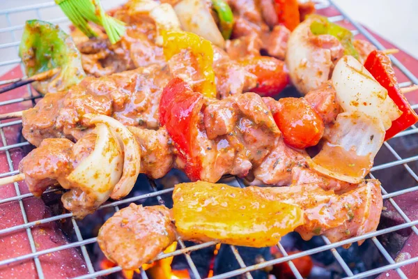 Barbecue Skewers Meat Vegetables Grill Close — 图库照片