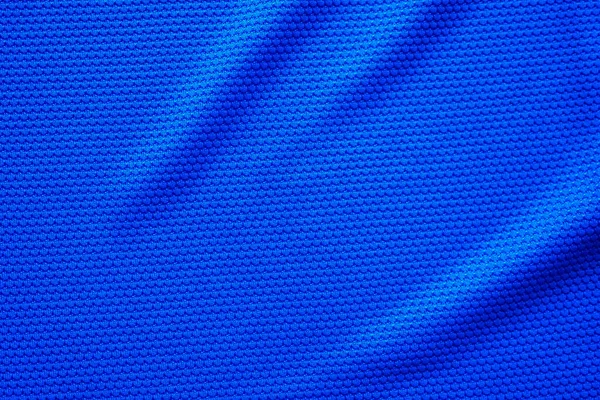 Blue football jersey clothing fabric texture sports wear background, close up top view