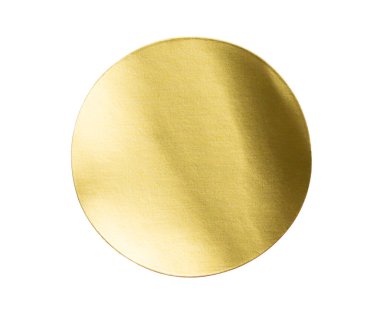 Blank golden round adhesive paper metallic sticker label isolated on white background