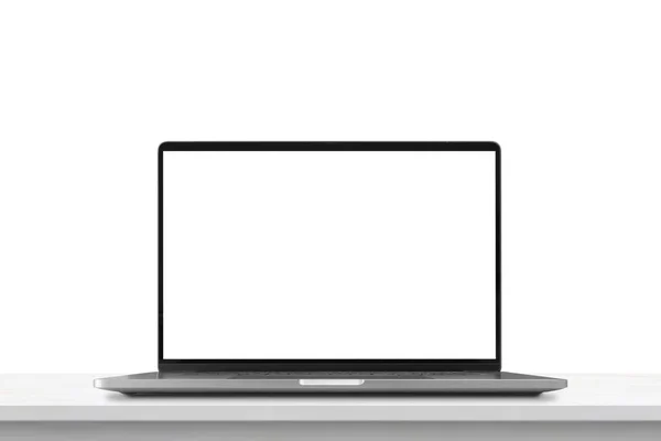 Laptop Pustym Ekranem Marmurowym Stole Izolowanym Białym Tle — Zdjęcie stockowe