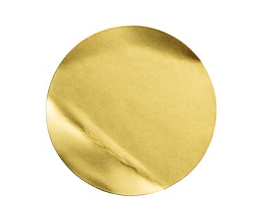 Blank golden round adhesive paper metallic sticker label isolated on white background
