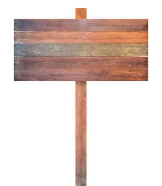 Beyaz arkaplanda izole edilmiş eski tahta tabela