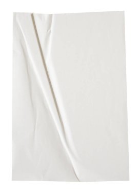 Boş beyaz buruşmuş ve buruşmuş kağıt etiket poster dokusu beyaz arkaplanda izole edilmiş