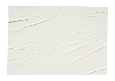 Boş beyaz buruşmuş ve buruşmuş kağıt etiket poster dokusu beyaz arkaplanda izole edilmiş