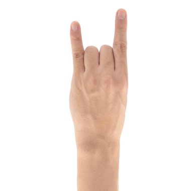 Rock n roll işareti el hareketi beyaz arkaplanda izole, kırpma yolu dahil.